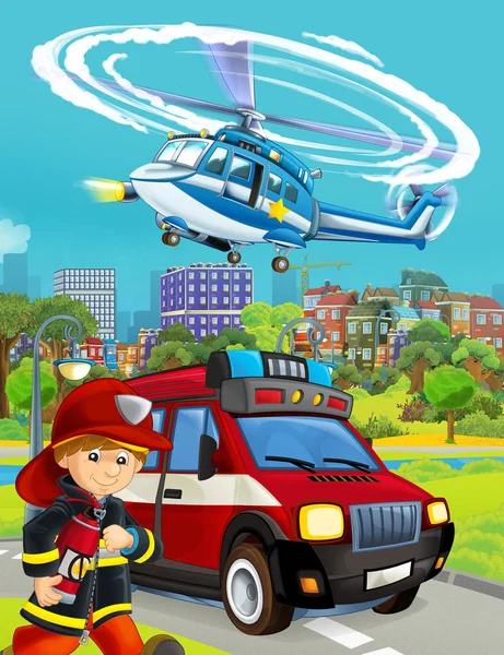 cartoon scene with fireman vehicle on the road - illustration fo