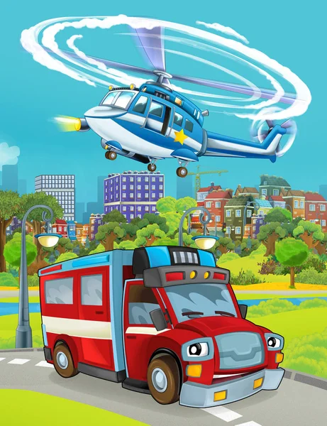Kreslená Scéna Různými Hasiči Stroje Vrtulník Požární Brigáda Truck Ilustrace — Stock fotografie