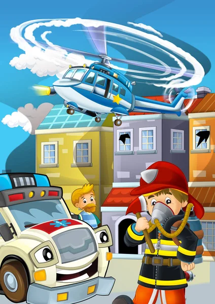 Palco dos desenhos animados com bombeiro combate a incêndios perto de algum edifício fumaça — Fotografia de Stock