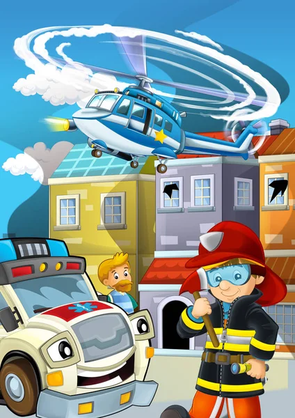 Cartoon-Bühne mit Feuerwehreinsatz in der Nähe eines Gebäudes — Stockfoto