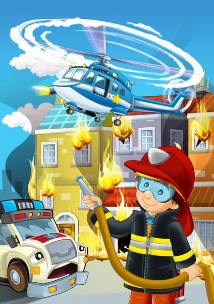 Escena de dibujos animados con bombero trabajando cerca de una ambulancia y construir — Foto de Stock