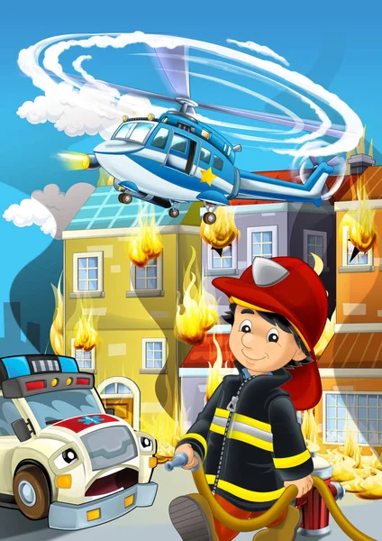Cena dos desenhos animados com bombeiro trabalhando perto de alguma ambulância e construir — Fotografia de Stock