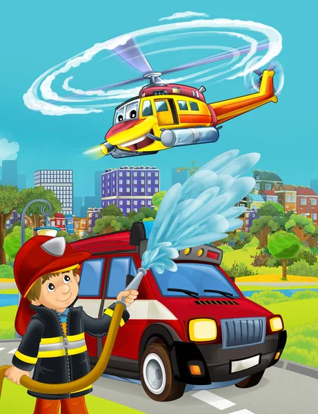 cartoon scene with fireman vehicle on the road - illustration fo