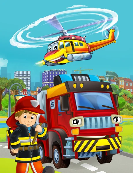 Σκηνή κινουμένων σχεδίων με πυροσβεστικό όχημα στο δρόμο - εικονογράφηση fo — Φωτογραφία Αρχείου