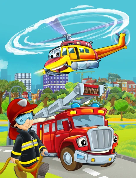 Zeichentrickszene mit Feuerwehrfahrzeug auf der Straße - Illustration — Stockfoto