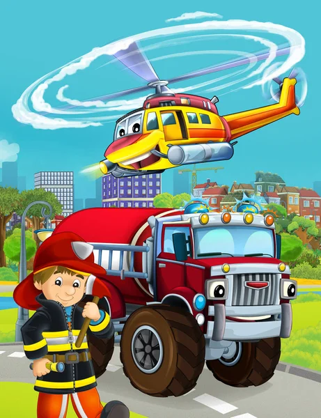 Scena kreskówek z wozem strażackim na drodze - ilustracja fo — Zdjęcie stockowe