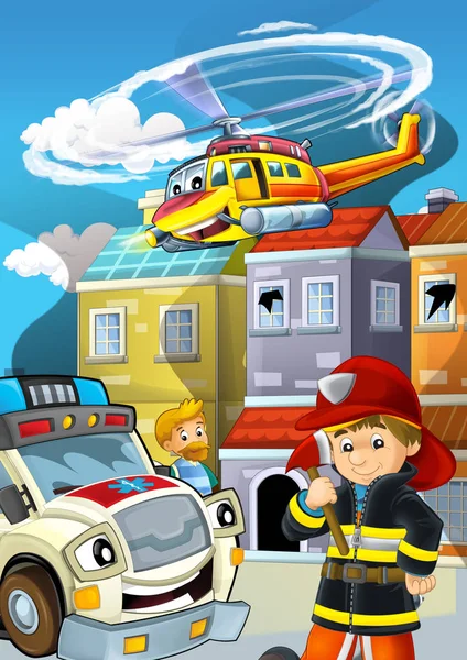 Etapa de dibujos animados con bomberos lucha contra incendios cerca de algún edificio ahumado — Foto de Stock