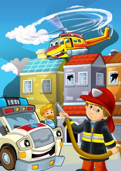 Palco dos desenhos animados com bombeiro combate a incêndios perto de algum edifício fumaça — Fotografia de Stock