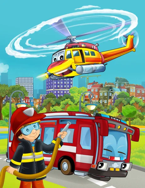 Cartoon-Szene mit Feuerwehrauto auf der Straße und Brand — Stockfoto