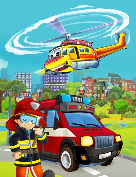 Zeichentrickszene mit Feuerwehrfahrzeug auf der Straße - Illustration — Stockfoto