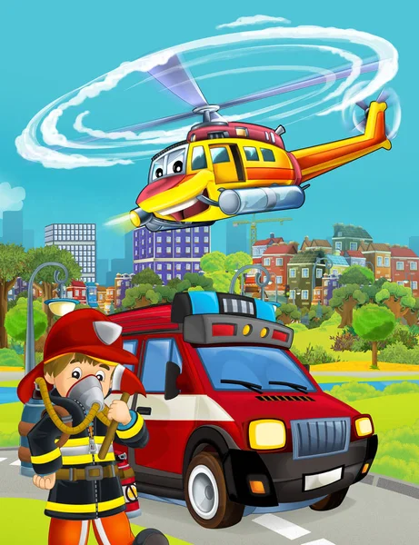 Cartoon scene with fireman vehicle on the road - illustration fo — Stock Photo, Image