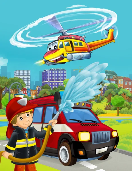 Scena cartone animato con veicolo pompiere sulla strada - illustrazione fo — Foto Stock