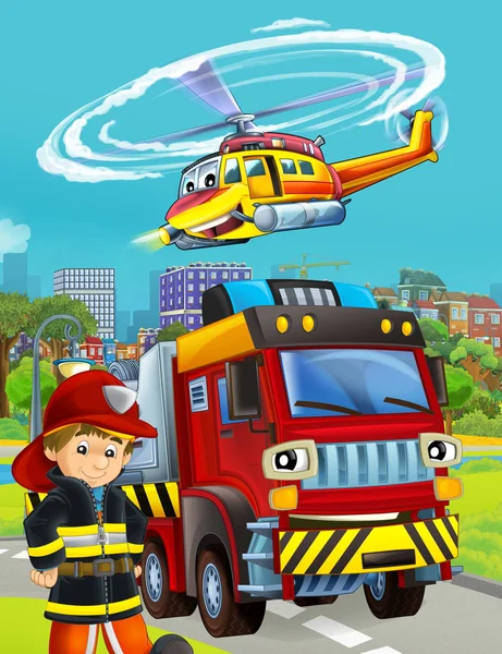 Cartoon scene with fireman vehicle on the road - illustration fo — Stock Photo, Image