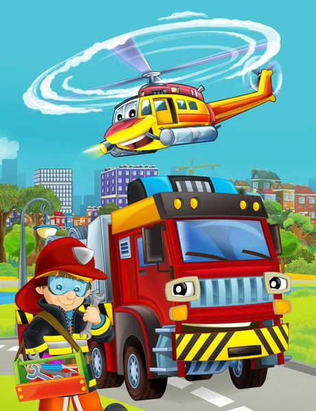 Cartoon scene met brandweerman voertuig op de weg - illustratie fo — Stockfoto
