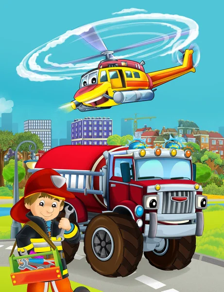 Cena cartoon com veículo bombeiro na estrada - ilustração fo — Fotografia de Stock
