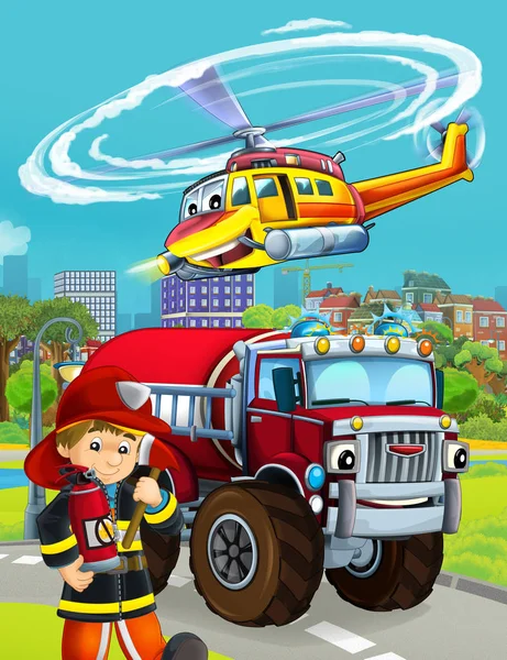 cartoon scene with fireman vehicle on the road - illustration fo