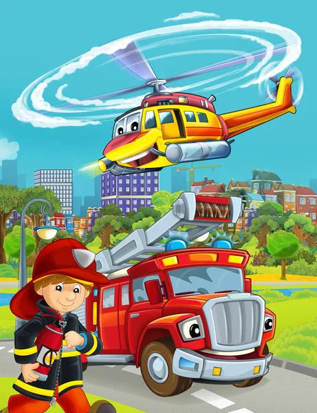 Cartoon scene met brandweerman voertuig op de weg - illustratie fo — Stockfoto