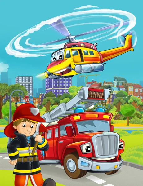 Σκηνή κινουμένων σχεδίων με πυροσβεστικό όχημα στο δρόμο - εικονογράφηση fo — Φωτογραφία Αρχείου