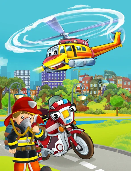 Cartoon scene met brandweerman voertuig op de weg - illustratie fo — Stockfoto