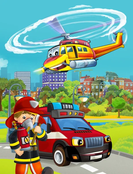 消防車が路上にいる漫画シーン-イラスト情報 — ストック写真
