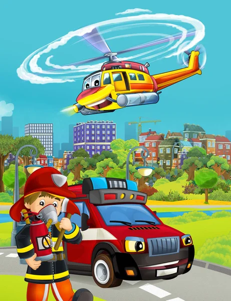 Escena de dibujos animados con vehículo bombero en la carretera - ilustración fo — Foto de Stock