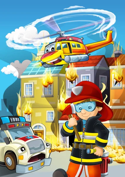 Scena del cartone animato con pompiere che lavora vicino a qualche ambulanza e costruire — Foto Stock