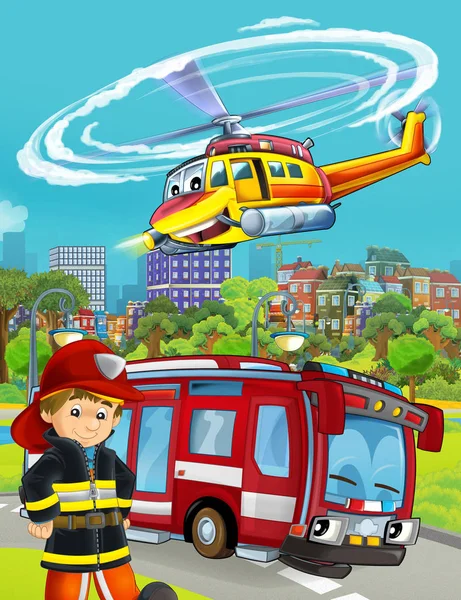 Scena kreskówek z wozem strażackim na drodze i pożaru — Zdjęcie stockowe