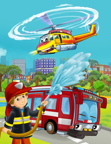 Σκηνή κινουμένων σχεδίων με πυροσβεστικό όχημα στο δρόμο και φωτιά — Φωτογραφία Αρχείου