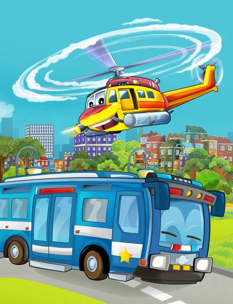 Cartoon scene with police car vehicle on the road with flying helicopter - illustration for children — Stock Photo, Image