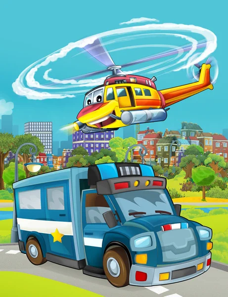 Cartoon scene with police car vehicle on the road with flying helicopter - illustration for children — Stock Photo, Image