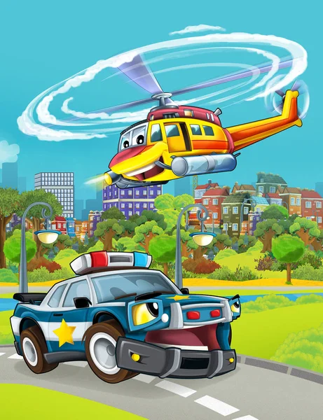 Cartoon scene with police car vehicle on the road with flying helicopter - illustration for children — Stock Photo, Image