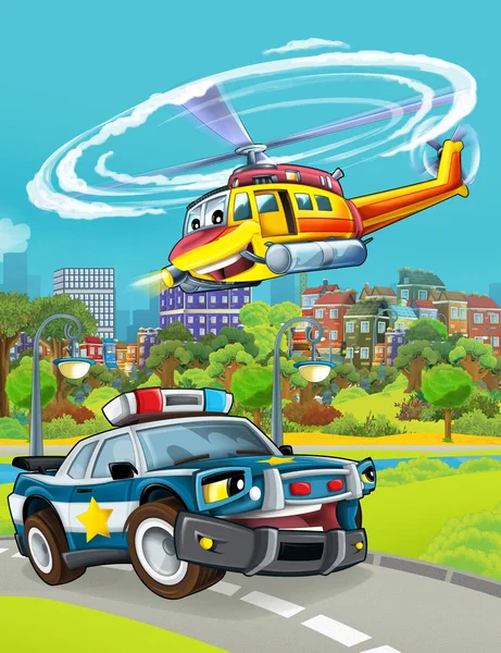 Rajzfilm jelenet rendőrautó jármű az úton repülő helikopter - illusztráció gyerekeknek — Stock Fotó
