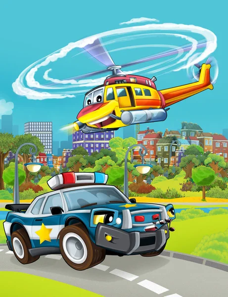 Cartoon-Szene mit Polizeiauto unterwegs mit fliegendem Hubschrauber - Illustration für Kinder — Stockfoto