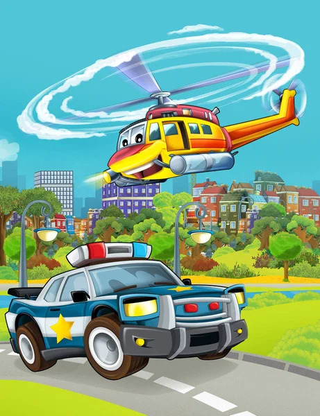 아이들을 위해 날아다니는 헬리콥터 삽화가 담긴 경찰차 가 도로 위에 놓여 있는 만화 장면 — 스톡 사진