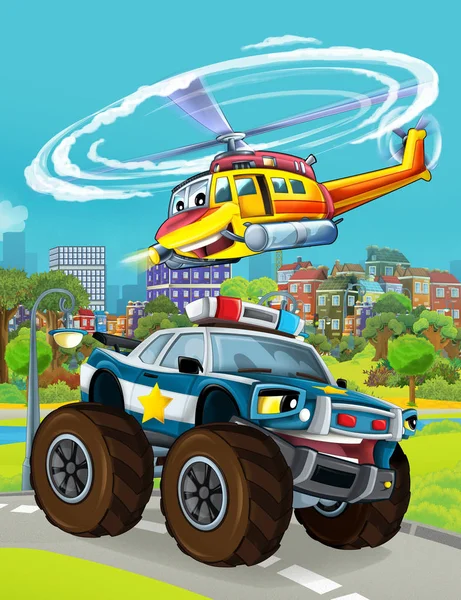 Tecknad scen med polisbil fordon på vägen med flygande helikopter - illustration för barn — Stockfoto
