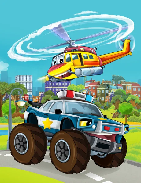 Cartoon scene met politie auto voertuig op de weg met vliegende helikopter - illustratie voor kinderen — Stockfoto