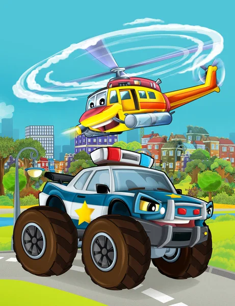 Cartoon scene met politie auto voertuig op de weg met vliegende helikopter - illustratie voor kinderen — Stockfoto