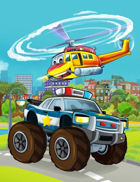 Cartoon-Szene mit Polizeiauto unterwegs mit fliegendem Hubschrauber - Illustration für Kinder — Stockfoto