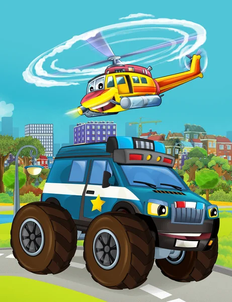 아이들을 위해 날아다니는 헬리콥터 삽화가 담긴 경찰차 가 도로 위에 놓여 있는 만화 장면 — 스톡 사진