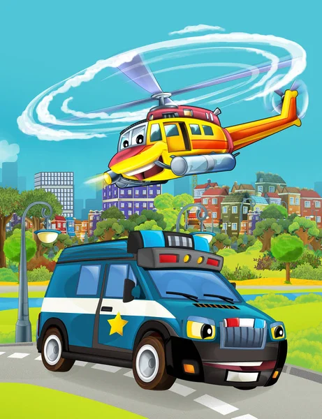 Cartoon scene with police car vehicle on the road with flying helicopter - illustration for children — Stock Photo, Image