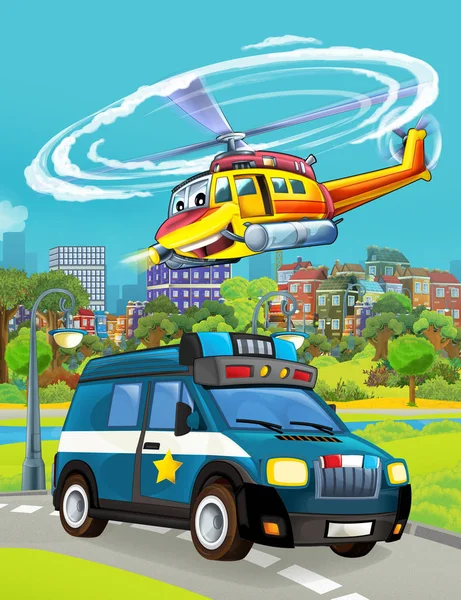 Мультфильм с полицейским автомобилем на дороге с летающим вертолетом - иллюстрация для детей — стоковое фото