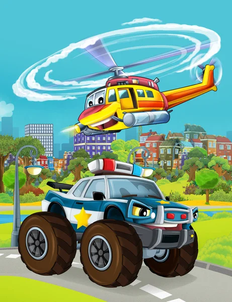 Kreslená scéna s policejním vozidlem na silnici s létající helikoptérou - ilustrace pro děti — Stock fotografie