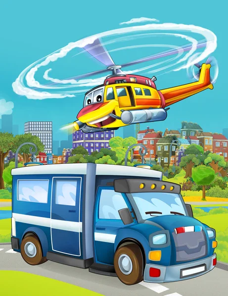Cena dos desenhos animados com veículo de carro da polícia na estrada com helicóptero voador - ilustração para crianças — Fotografia de Stock