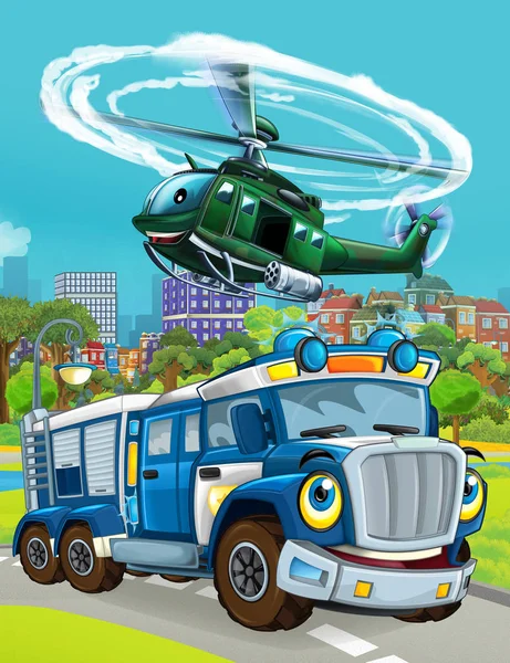 Tecknad scen med polisbil fordon på vägen och militär helikopter flyger - illustration — Stockfoto