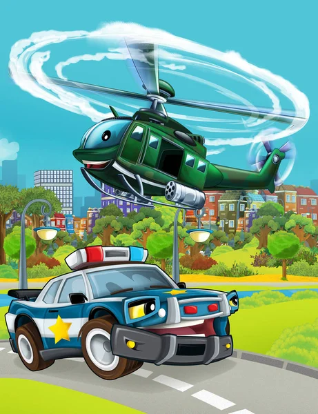 Kreslená scéna s policejním automobilem na silnici a vojenským vrtulníkem létání - ilustrace — Stock fotografie