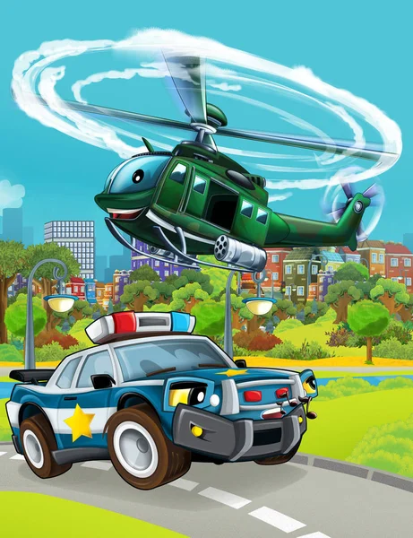 Escena de dibujos animados con vehículo de coche de policía en la carretera y helicóptero militar volando - ilustración — Foto de Stock