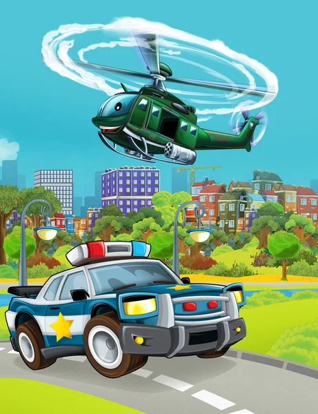 Çizgi film sahnesinde polis arabası yolda ve askeri helikopter havada uçuyor. — Stok fotoğraf