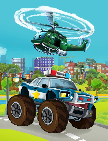 Cartoon scene met politie auto voertuig op de weg en militaire helikopter vliegen - illustratie — Stockfoto