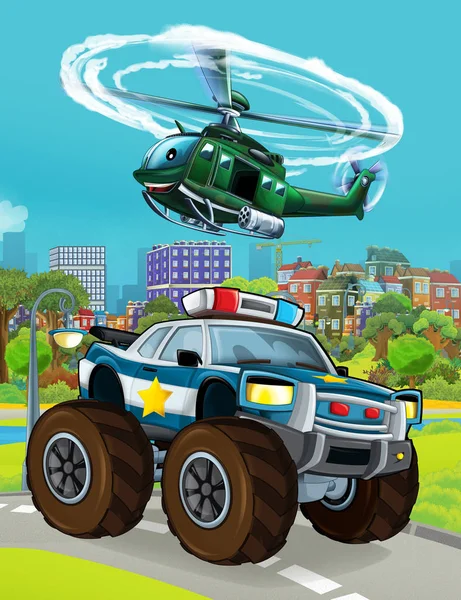 Мультфильм сцена с полицейской машиной на дороге и полет военного вертолета - иллюстрация — стоковое фото