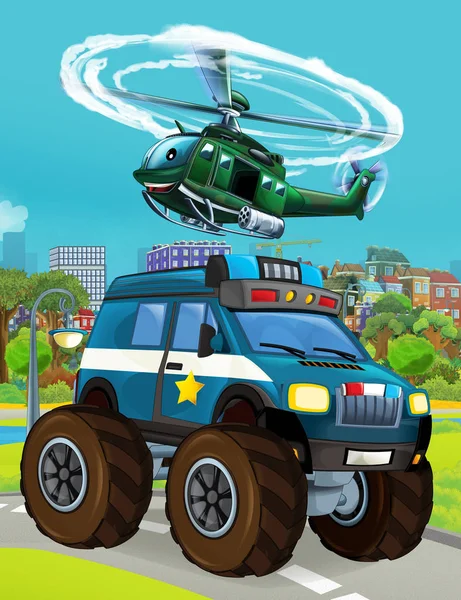 Σκηνή κινουμένων σχεδίων με αυτοκίνητο της αστυνομίας όχημα στο δρόμο και στρατιωτικό ελικόπτερο που φέρουν - εικονογράφηση — Φωτογραφία Αρχείου